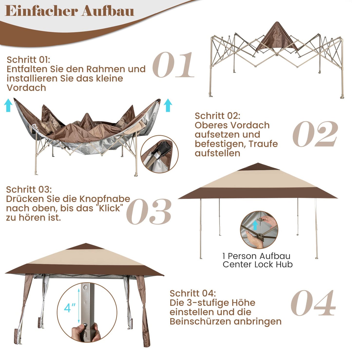 COSTWAY 4x4m Faltpavillon, Pop Up Pavillon mit Rollen, wasserdicht, UV-Schutz 50+, Partyzelt Gartenpavillon für Garten Party Hochzeit und Festival, inkl. mit Tragetasche