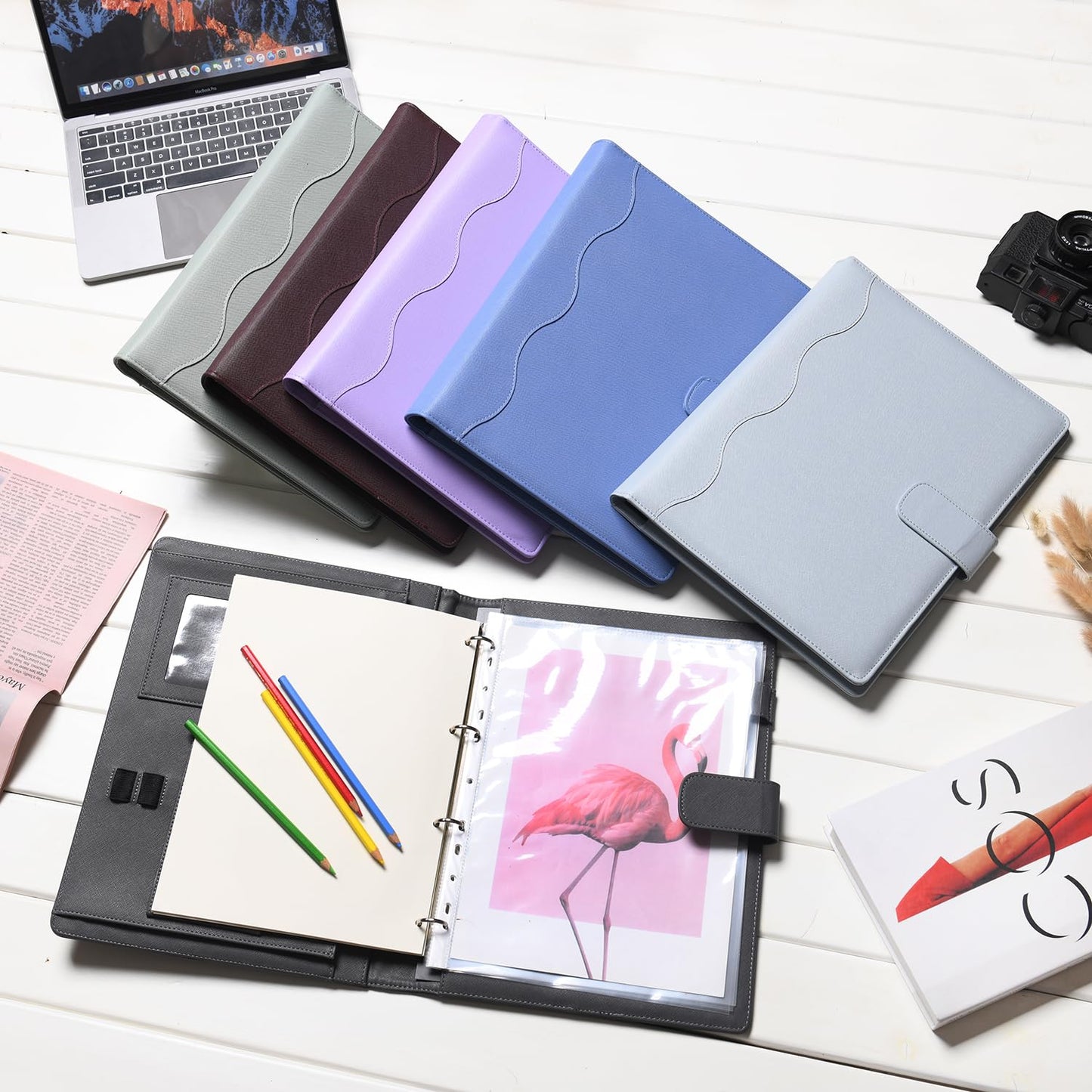 Wonderpool A4 PU Leder Ringhalter Schreibmappen Multi Dokumententasche mit Herausnehmbarem Binder Klemmbretter und funktioneller Tasche für Organizer Büro Reise Schule (Hellgrau)
