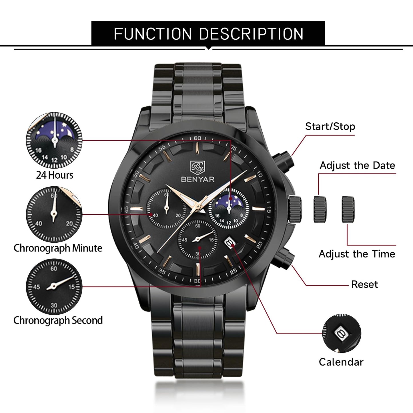 BY BENYAR Uhren Herren Edelstahl Armbanduhr Herren Chronograph Analog Quarz Wasserdicht Herrenuhr Leuchtende Datum Mode Lässig Business-Kleid Uhren Elegantes Geschenk fur Männer