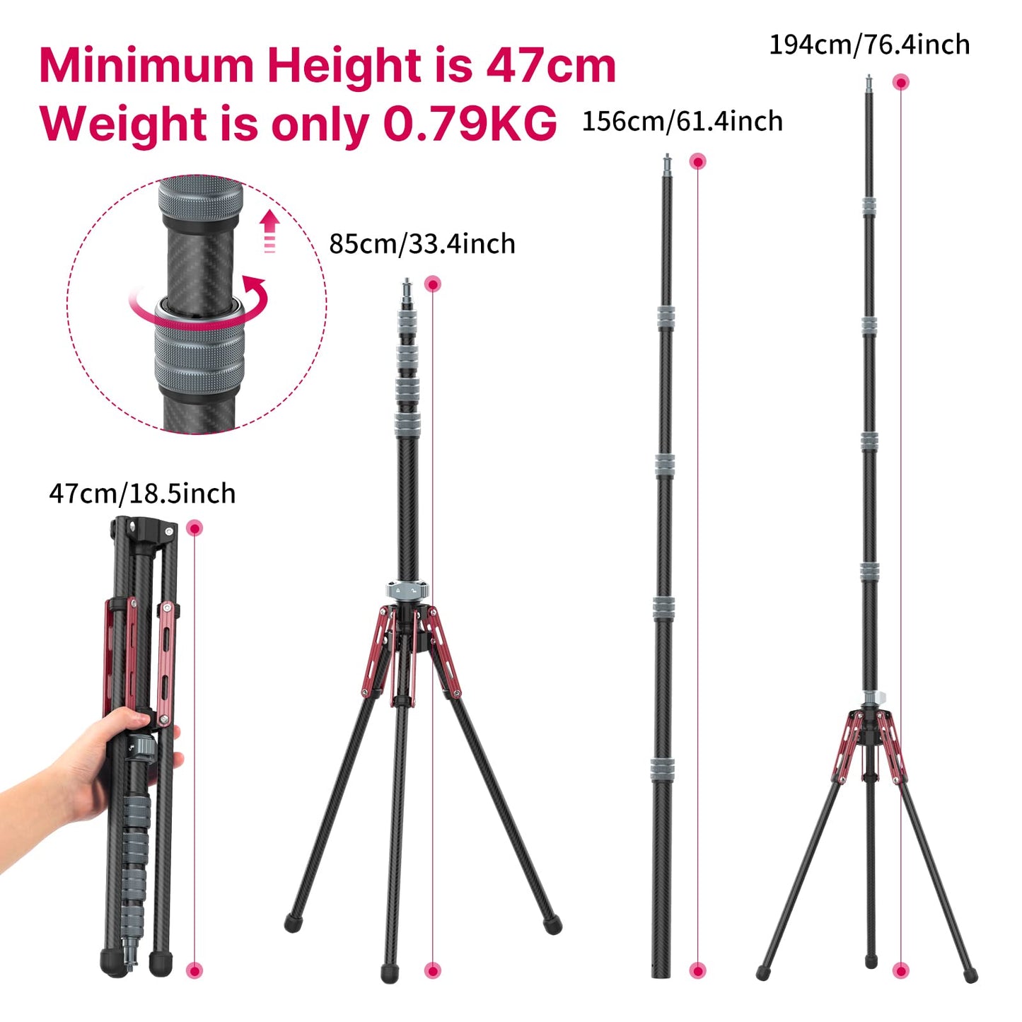 ULANZI MT-49 Lampenstativ aus Kohlefaser, 194cm/76.4inch, Stabiles Light Stand für Studio Kits, Softbox, Reflektor, Ringlicht und COB Licht, inkl. Tragetasche
