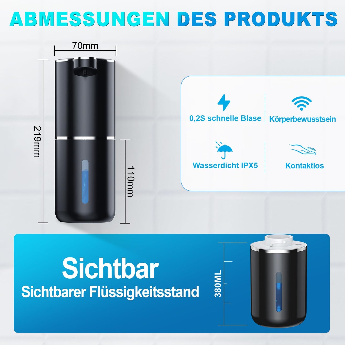 Amyzavls Seifenspender Automatisch,380ml Wandbefestigung Berührungslos Elektrischer Seifenspender mit Sensor,USB Wiederaufladbar Schaumseifenspender für Bad,Küche, Büro Schwarz
