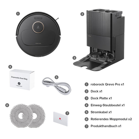 roborock Qrevo Pro Saugroboter mit Wischfunktion&Hebarem Wischmopp, FlexiArm Design™ Kantenreinigung, 7.000 Pa, 60 °C Heißwasser-Moppwäsche, Individuelle Teppichstrategie(Schwarz)