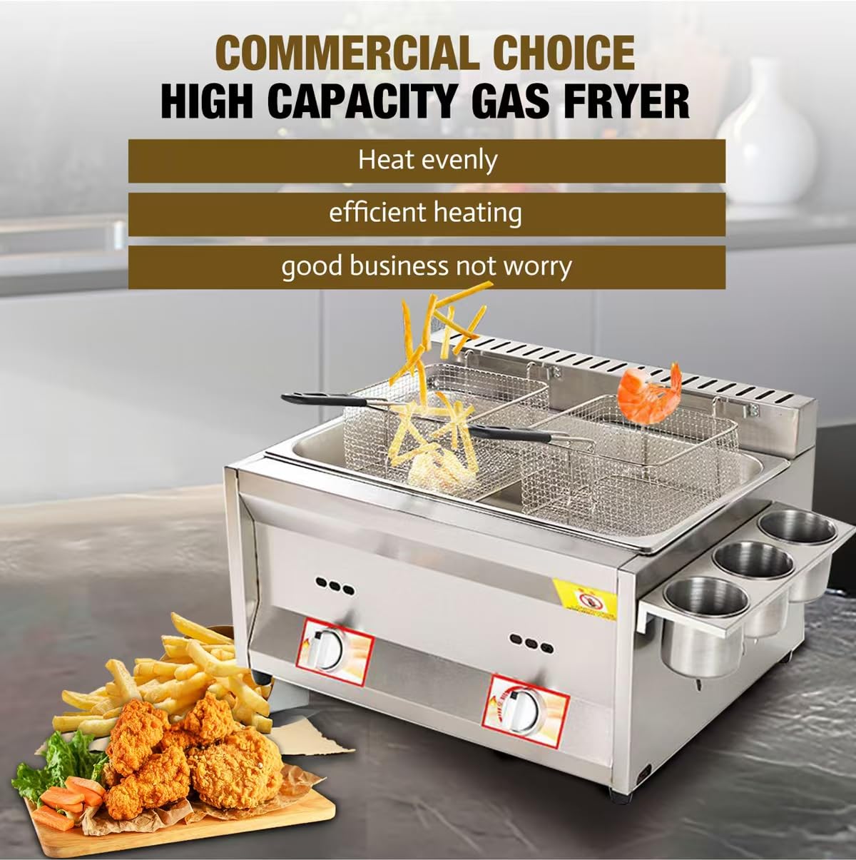 Generische Gasfritteuse 20L, Edelstahl Freistehender Gastro-Fritteuse mit Thermostat, Propan-Betrieb, für 4-6 Personen, Ideal für Pommes und Snacks