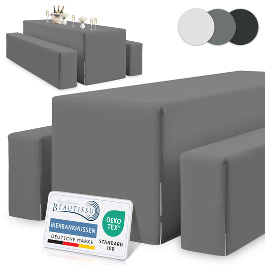 Beautissu Edles 3tlg Biertischhussen Set Blickdicht 50cm oder 70cm Bierzeltgarnitur – Dicker Stoff Knitterfrei Bierbankauflagen Bodenlang – Biertischhusse Bierbankhusse Biertisch – 220x70cm Anthrazit