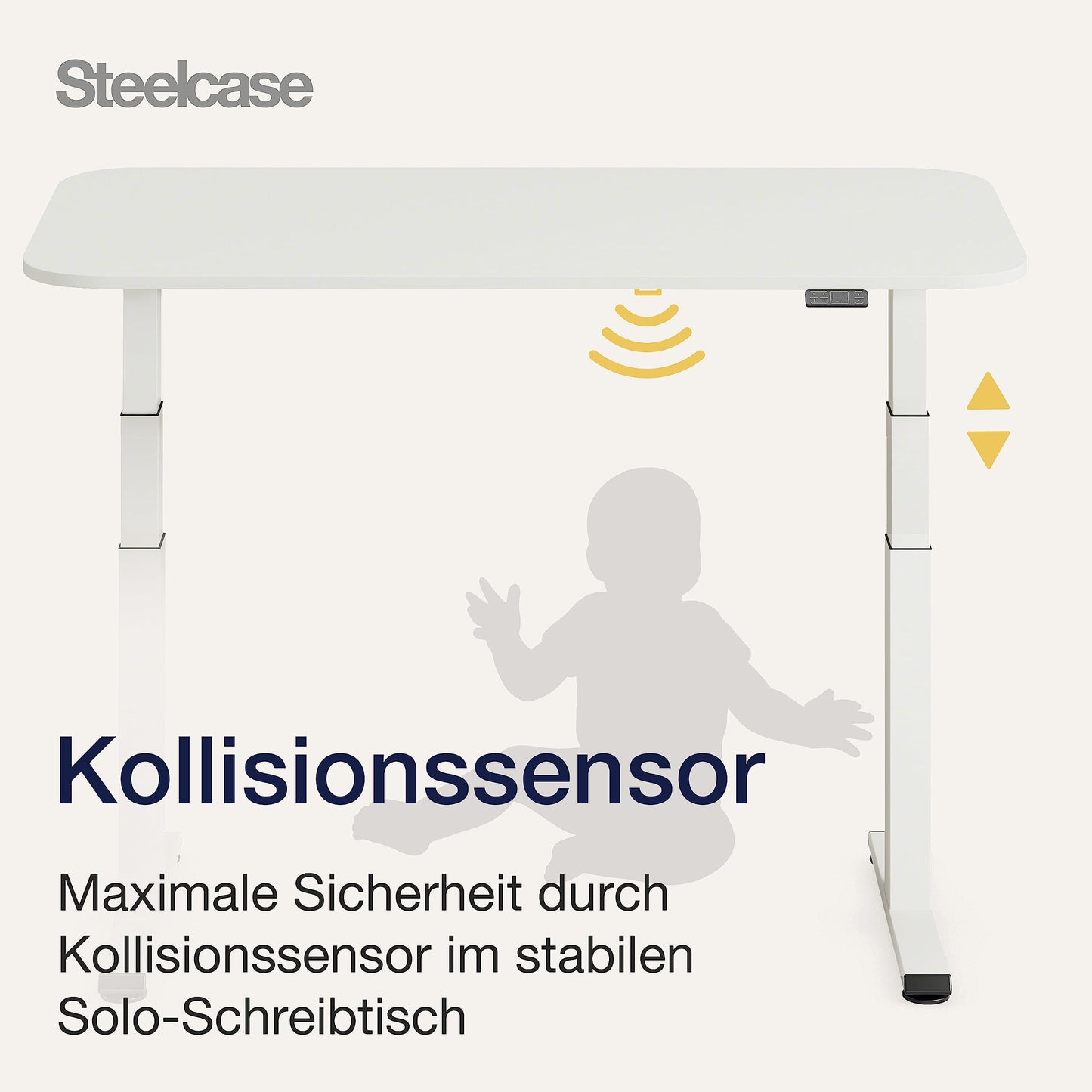Steelcase Solo Elektromotorisch höhenverstellbarer Homeoffice-Schreibtisch, programmierbares Bedienpaneel, Antikollisionssensor und Kabelnetz, Tischplatte in Snow, Gestell in Pearl Snow