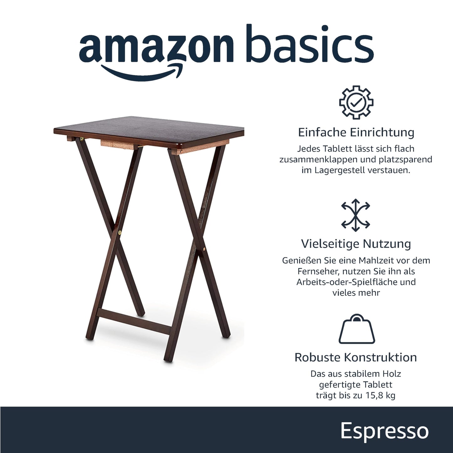 Amazon Basics Klapp-Beistelltische aus Holz, mit Halterung, 4 Stück im Set, Espresso-Braun