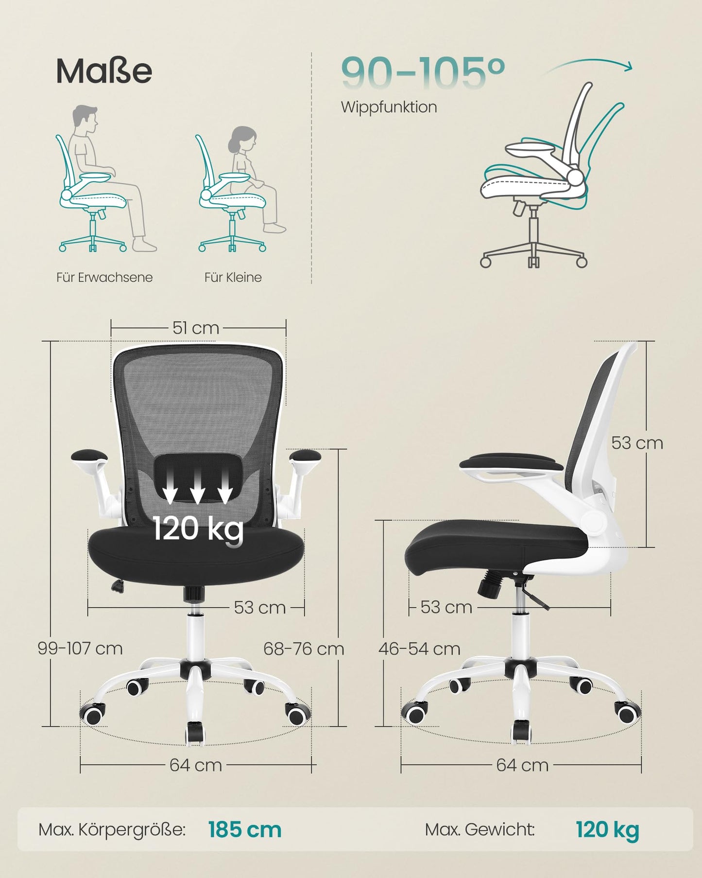 SONGMICS Ergonomischer Bürostuhl OBN37WT mit Lendenstütze & klappbaren Armlehnen, Schwarz-Weiß