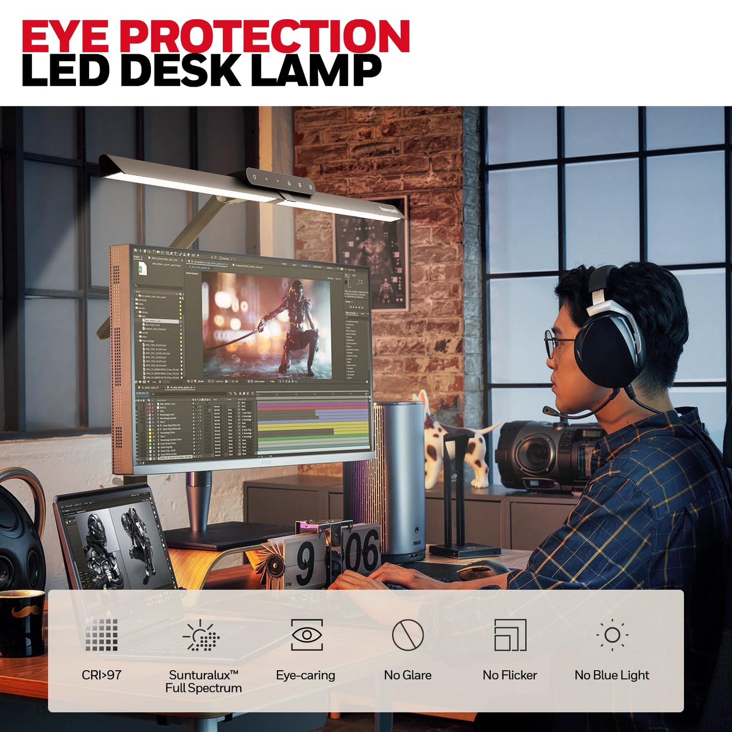 Honeywell LED Schreibtischlampe Büro - HJ1 Sunturalux™ Augenschonende Schreibtischlampe mit Klemme für Büro Zuhause, Dimmbare Touch-Schreibtischleuchte Flexible Zwei-Sektions-Architekten-Klemmleuc