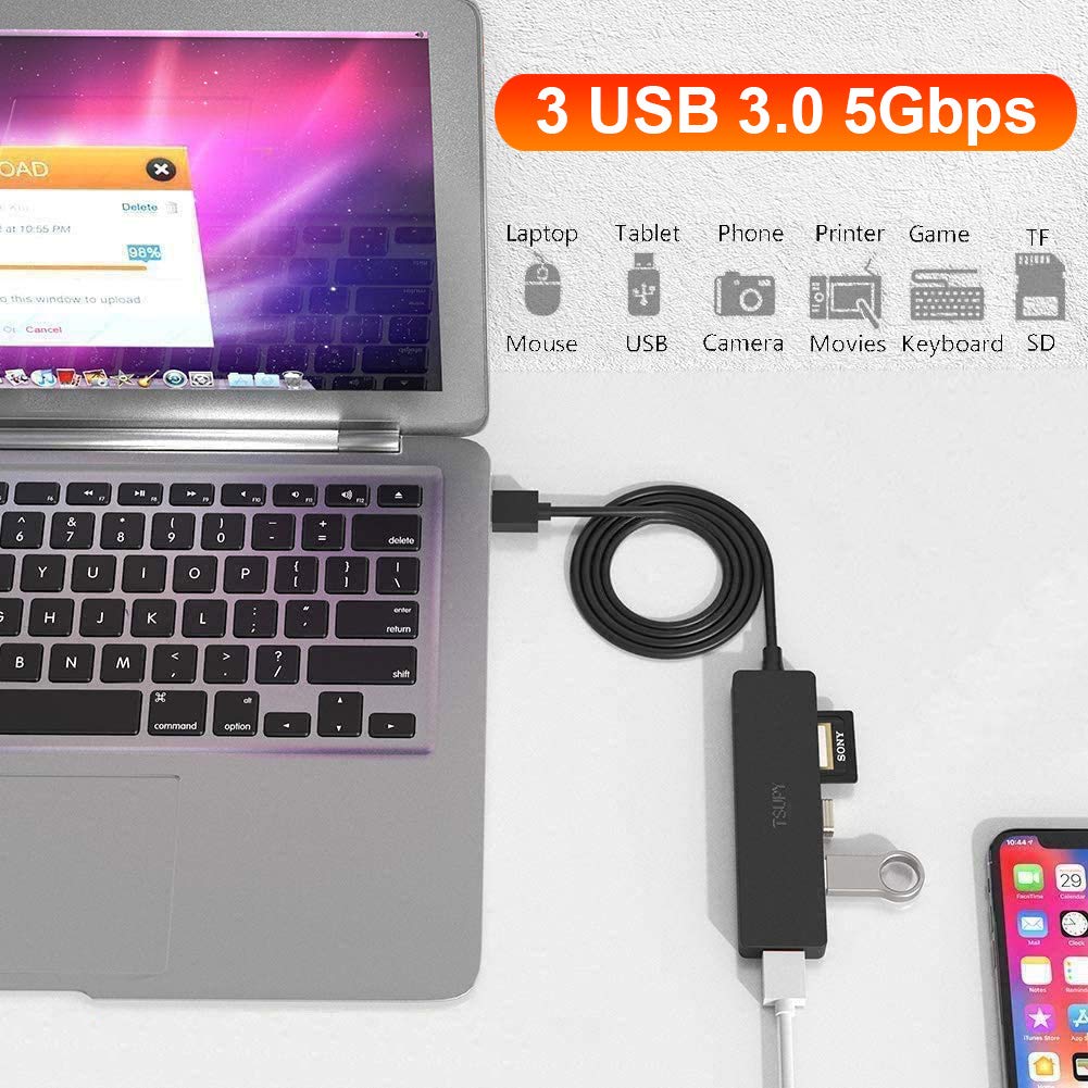 TSUPY USB Hub 3.0 1.2m Kabel 5 in 1, USB Adapter auf 3 USB 3.0 verlängerung + SD TF Kartenleser für Ihre Laptop PC usw