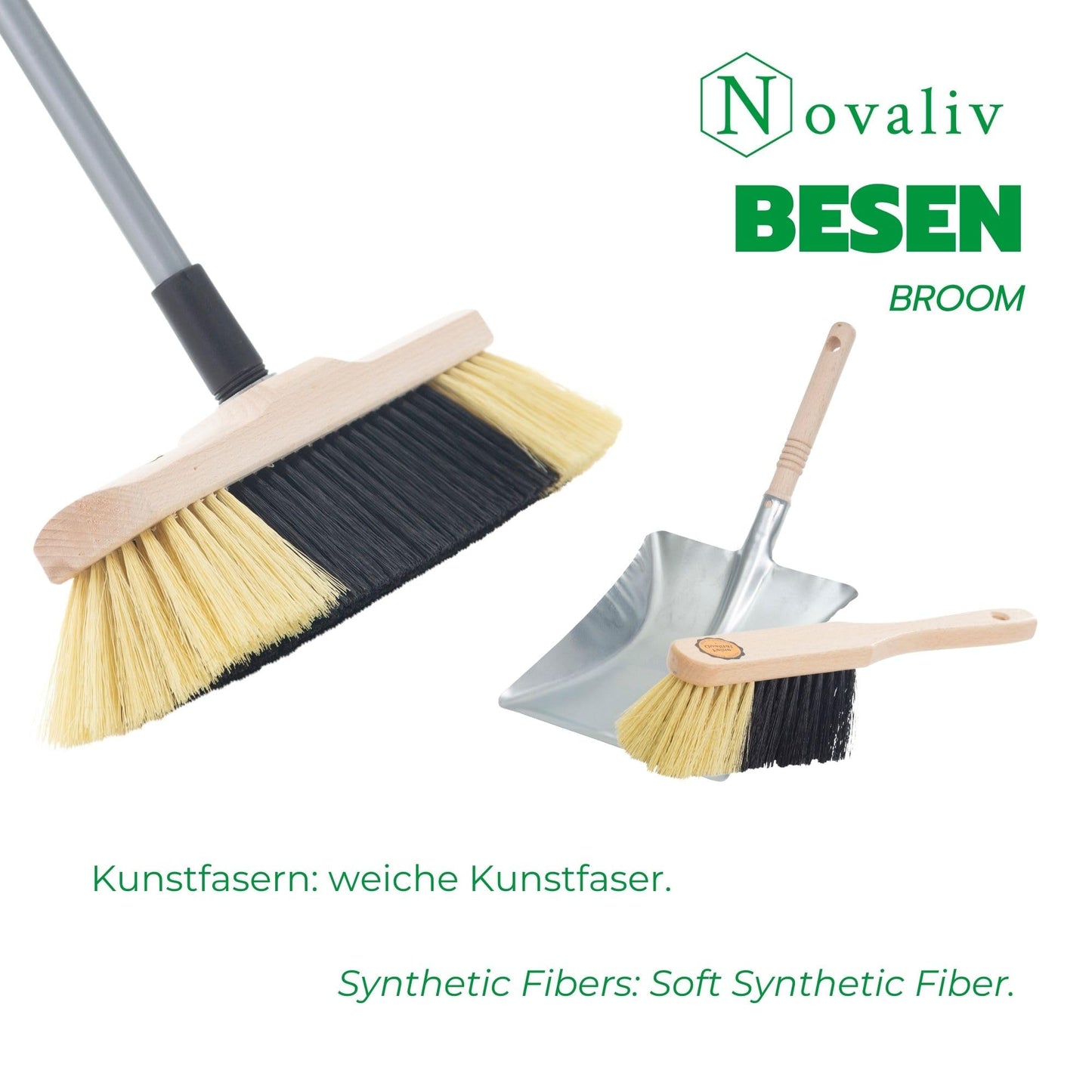Novaliv Zimmerbesen mit Stiel FEINE KUNSTBORSTEN Besen weiche Borsten Schrankbesen mit Teleskopstiel und Handfeger Kehrblechgarnitur Metall Kehrblechbesen Handkehrset Feger und Kehrblech