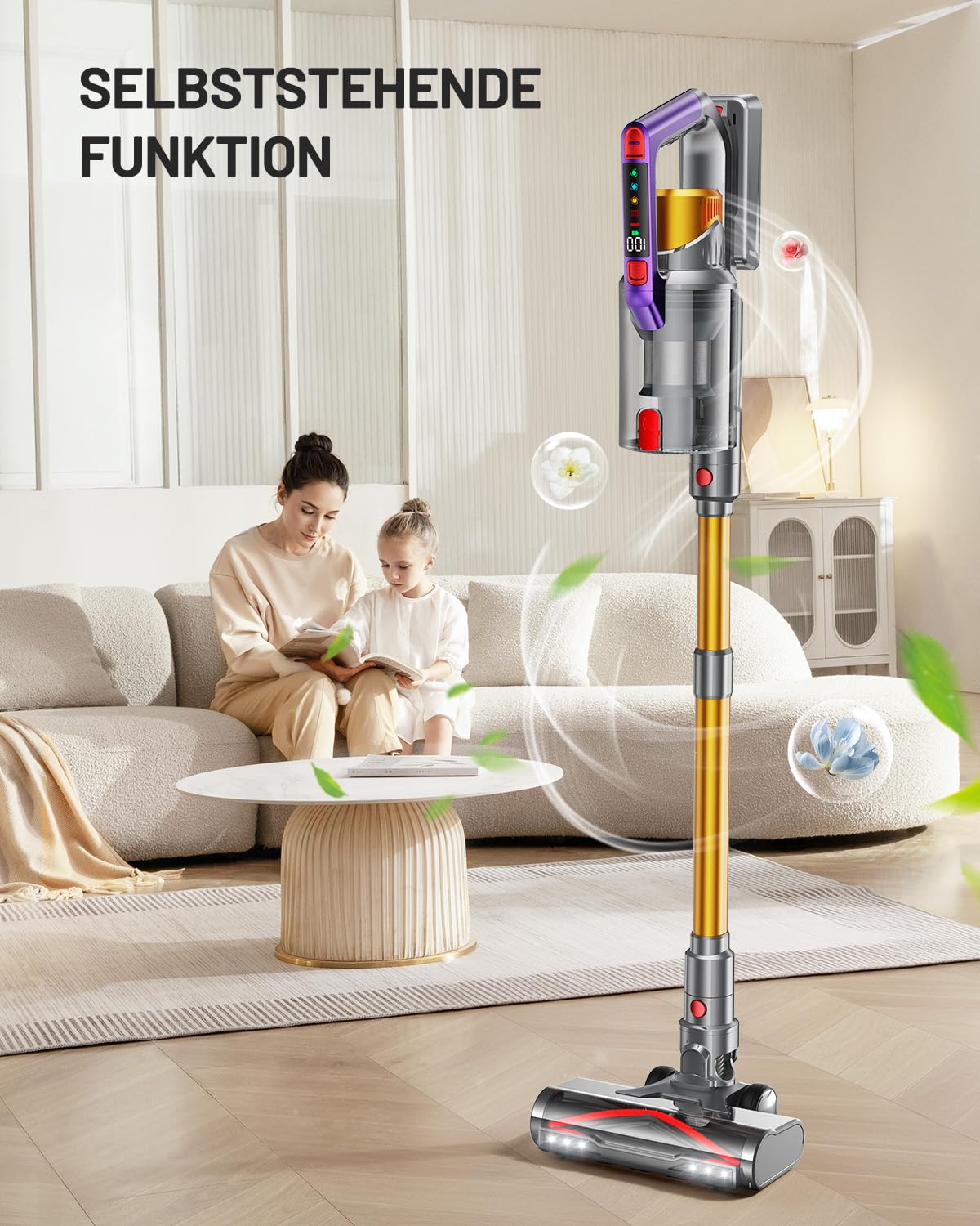 Kissof Akku Staubsauger, 45000Pa/550W/70 Mins Staubsauger Kabellos Mit Selbststehende Funktion, Anti-Tangle-Bodenbürste, Duftkarte, Hocheffizientes Hepa-Filtersystem für Hartböden Teppiche Tierhaare