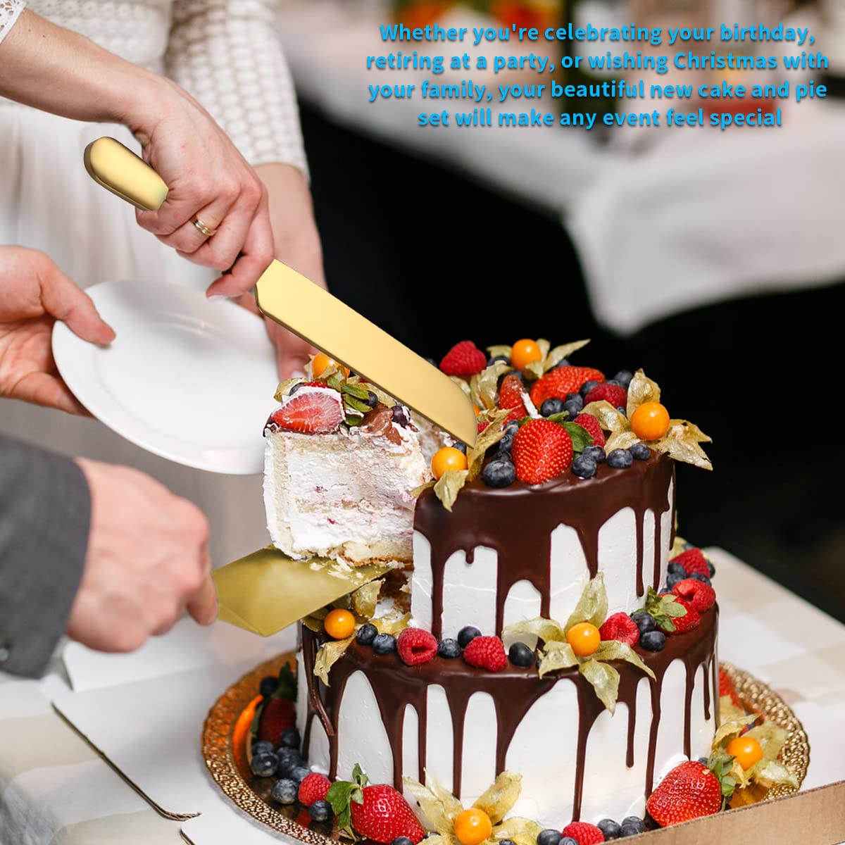Kyraton Gold Hochzeits tortenmesser und Server Set, Edelstahl Titan-Vergoldung Kuchenheber & Tortenheber für die Hochzeit beinhalten Tortenausstecher und Tortenheber