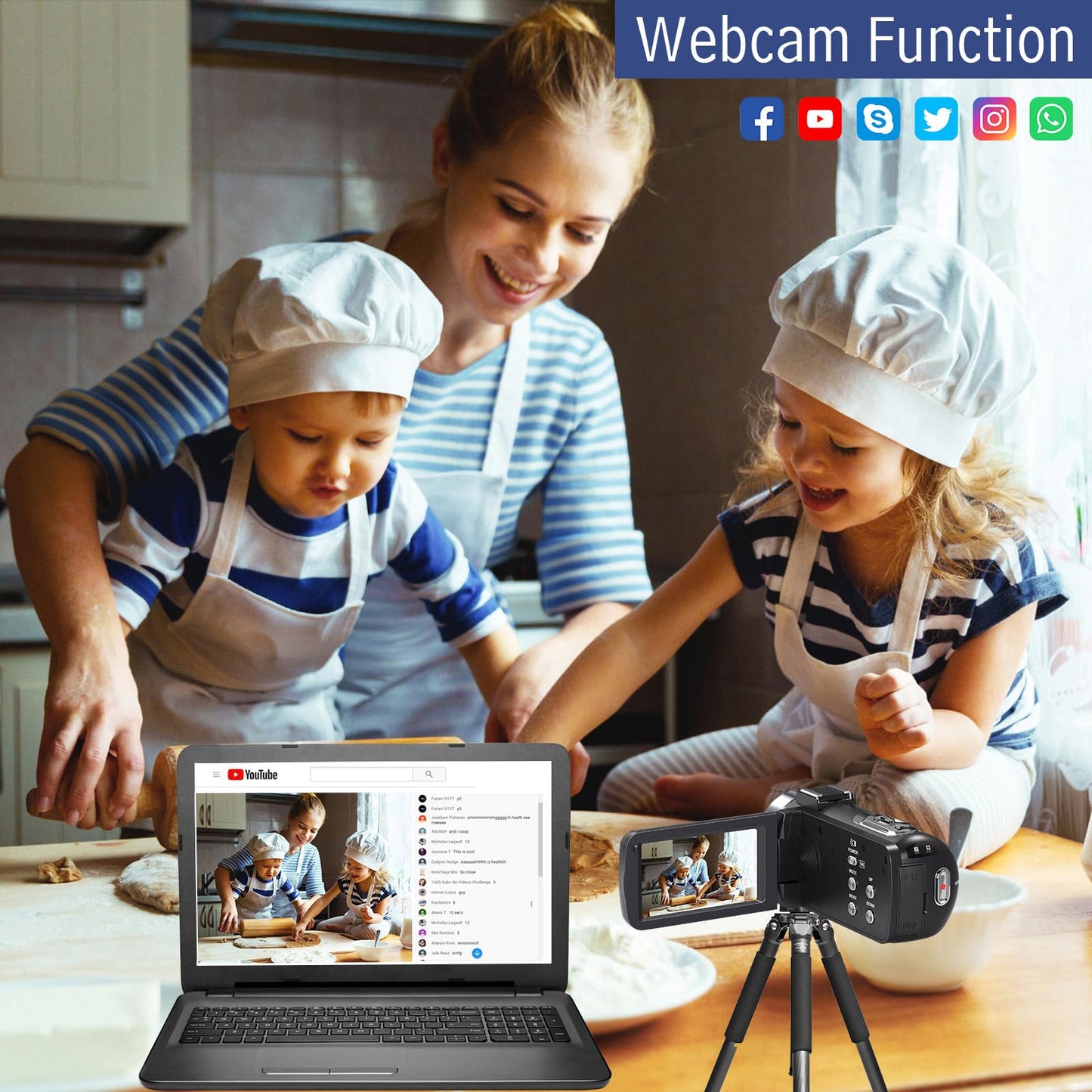 Videokamera 4K Camcorder 48MP mit IR Nachtsicht, 18X Digitalzoom 30 FPS Webcam Video Kamera 3.0-Zoll 270° Rotation Touchscreen Vlogging Kamera für YouTube mit Fernbedienung, 2 Batterien, 32GB SD Karte