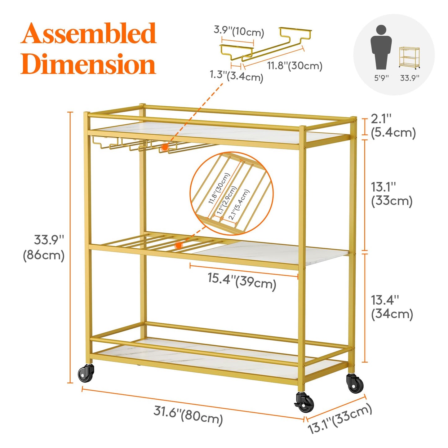Lifewit Servierwagen, 3-stöckiger Barwagen auf feststellbaren Rädern, Küchenrwagen für 12 Gläser und 4 Weine, Servierwagen mit Rollen für das Esszimmer, 80,2 x 33,2 x 86 cm, Gold Lebenswit