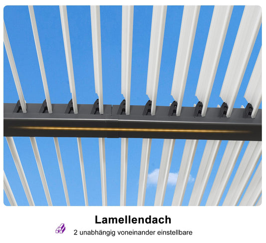PURPLE LEAF Pavillon 3 x 4.2 m Wasserdicht Stabil Pergola mit Lamellendach Alu Terrassenüberdachung Hardtop Pavillon mit Moskitonetze und Vorhänge, Grauer Rahmen und Weißes Dach