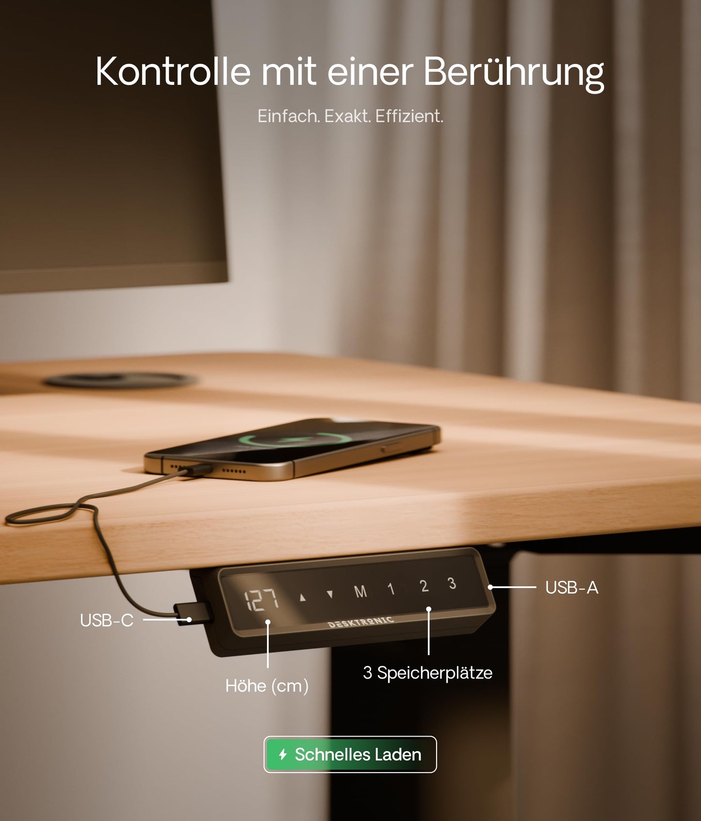 Desktronic Höhenverstellbarer Schreibtisch (180x80cm) - Schreibtisch Höhenverstellbar Elektrisch mit Flüsterleisem Dual-Motor & Touchscreen - Hohe Tragfähigkeit - Stehtisch HomePro