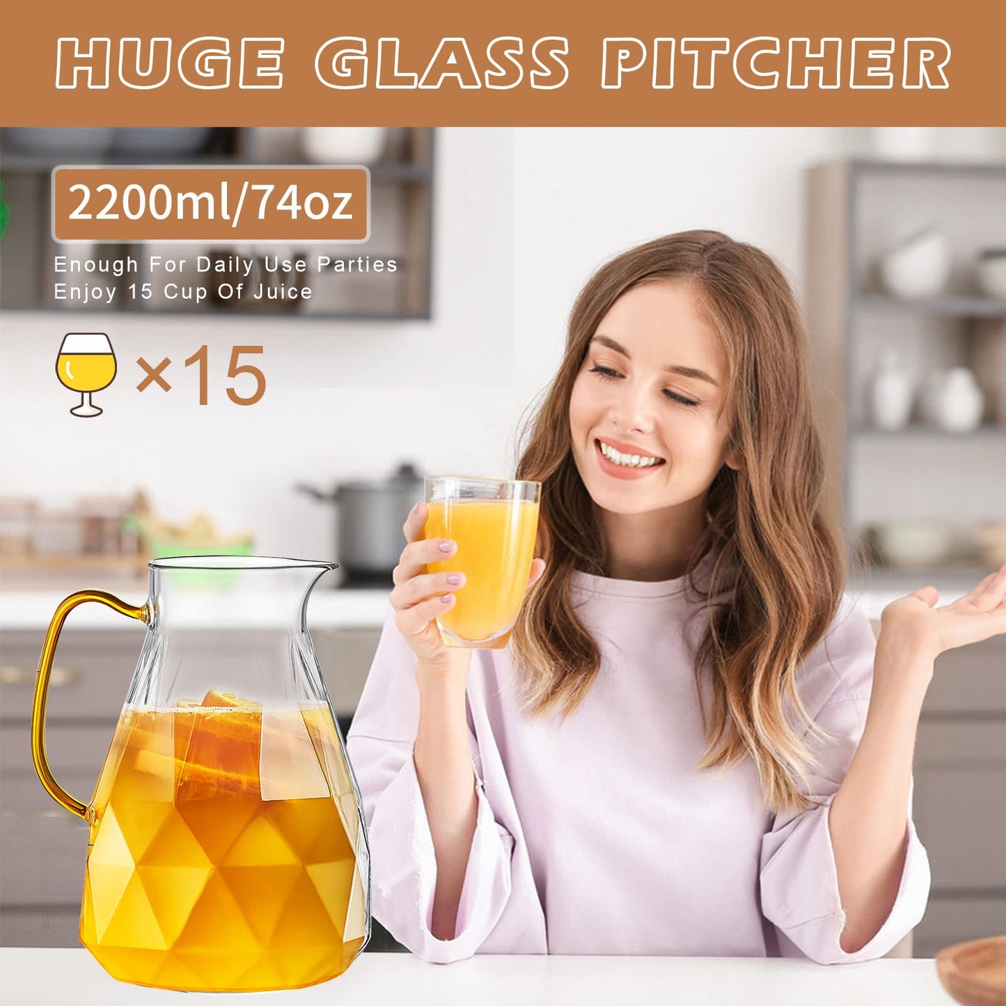 Yirilan 2.2 Liter 74 Unzen Karaffe,Glaskaraffe,Wasserkaraffe mit Deckel, Glaskanne, Karaffe Glas mit Deckel,Wasserkrug,Glaskrug,Wasser Karaffen