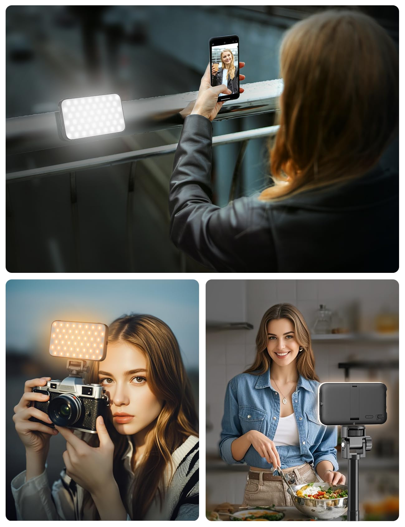 ANXRE Selfie Licht mit Soft-Diffusor & integriertem Ständer – Wiederaufladbares Clip-Fill-Licht mit 96 LEDs, geeignet für Handy, iPhone, Kamera und Laptop, für Make-up, TikTok, Vlogs und Videoanrufe