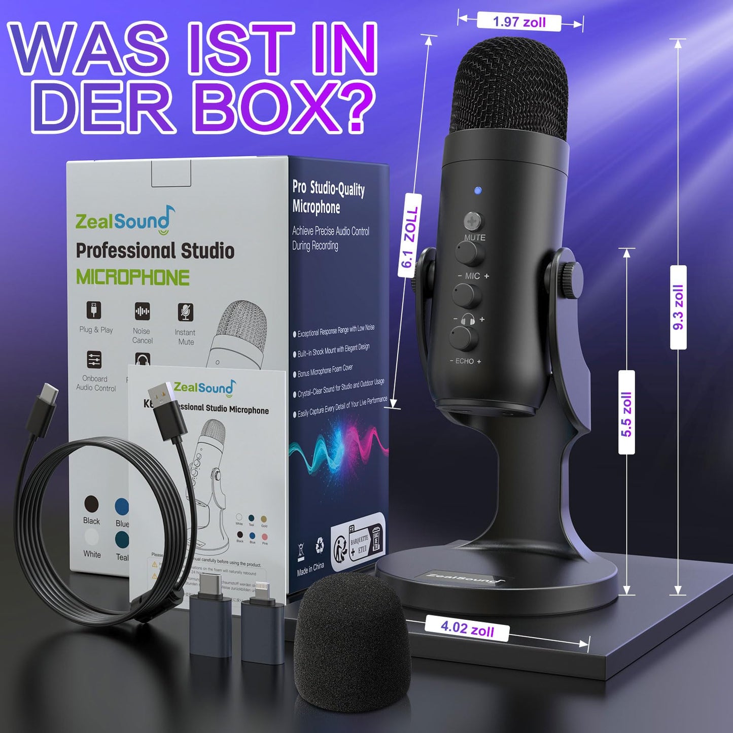 zealsound USB Mikrofon, Kondensator Mikrofon für PC Handy, PS4, PS5, Microphone PC USB C für Gaming, Podcast,Aufnahmen,Streaming,ASMR mit Stumm/Gain/Echo, Adapter für Phone,Kompatibel mit Mac, Winows