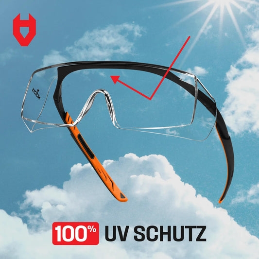 NoCry Sicherheits-Überbrille mit Kratzbeständigen Gläsern, Seitenschutz, Verstellbaren Bügeln, 400 UV-Schutz, schwarz oranger Rahmen und EN166, EN170, EN172, EN175 Zertifiziert