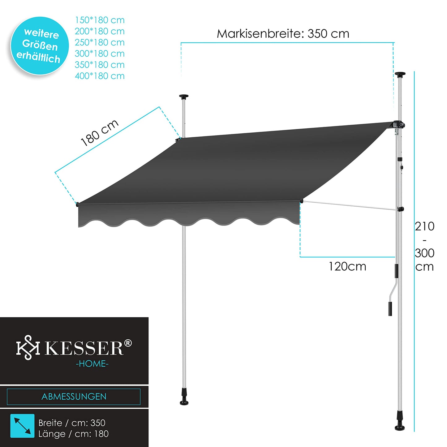 KESSER® Sonnenschutz Markise manuell ausziehbar 350cm | Sonnensegel UV Schutz Sonnenschutz | Klemmmarkise für Outdoor, Terrasse, Balkon, Garten höhenverstellbar ohne Bohren, Anthrazit