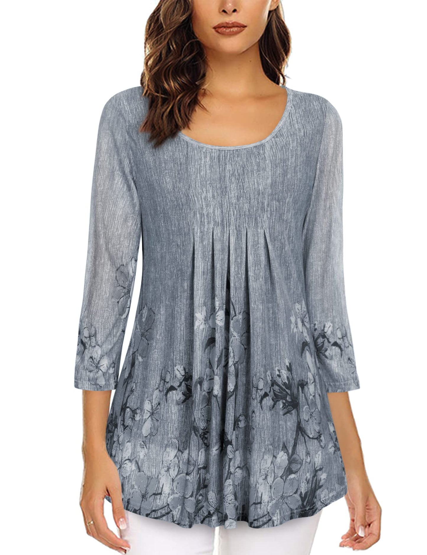 Gaharu Damenblusen 3/4 Arm Elegant Business Oberteil Frauen Festlich Tunika Damen zur Hochzeit Top Trendy Weite Passform Bluse A-Form Weich Falten Shirt Fallende Mehrlagige Bluse Grau-Blumen,XL