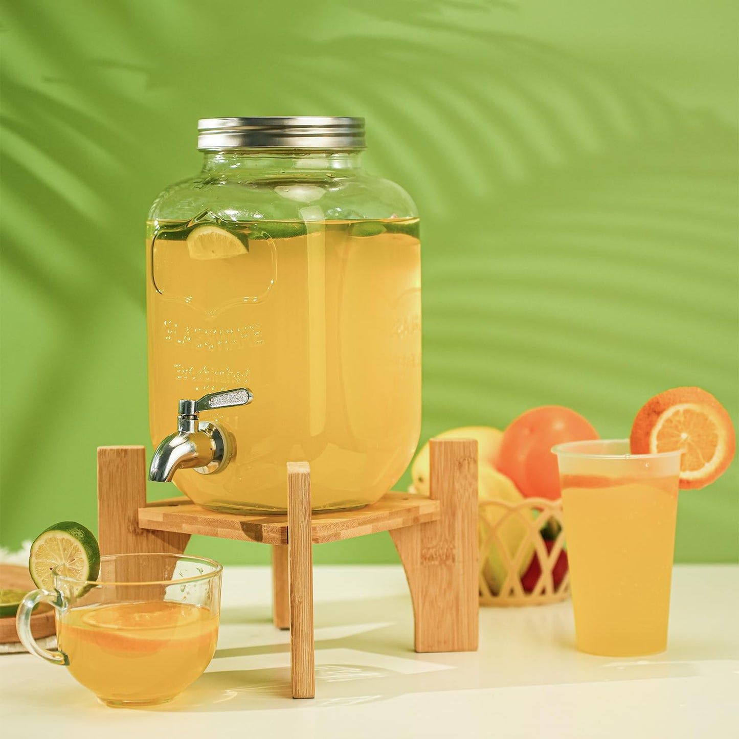 Hiziwimi 4L Getränkespender mit Ständer, Getränkespender aus Glas mit Zapfhahn aus massivem Edelstahl (4L-Glas mit Ständer aus Bambus)