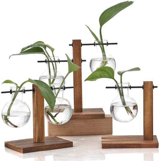 WUWEOT 3 Stück Hydroponik Glasvase mit Holz Halter Hängevase Blumenvase Tischvase Dekovase Birne Vintage Avocado Vase mit Holzständer Dekoration für Zuhause Garten Büro Schreibtisch
