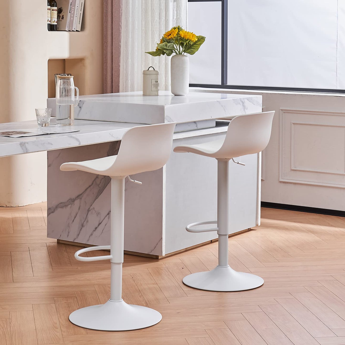 YOUNIKE Barhocker Weiß Barstühle 2er Set, Bar Stool Höhenverstellbar Drehstuhl, Küchenstühle Tresenstuhl mit Rückenlehne, Hohe Barhocker für Bartheke Küche
