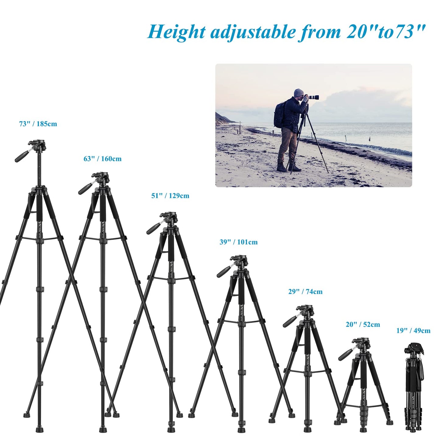 Victiv Kamera Stativ mit 52–160-185cm Höhe, leichtes Camera Tripod mit Abnehmbar 3-Wege-Kopf, Aluminium fotostativ für DSLR Canon Nikon Sony, Dreibeinstativ for Smartphone mit Handy Halterung