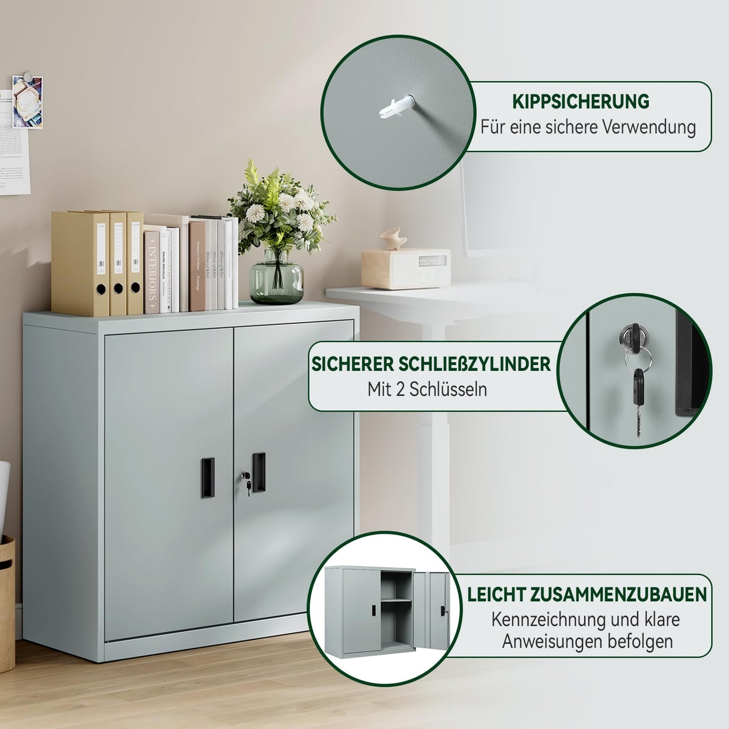 WOLTU Aktenschrank abschließbar, Ordnerschrank mit höhenverstellbarem Einlegboden, Metallschrank mit Schloss, Büroschrank Lagerschrank Mehrzweckschrank, Grau, B90xH92xT40 cm, ASK12gr