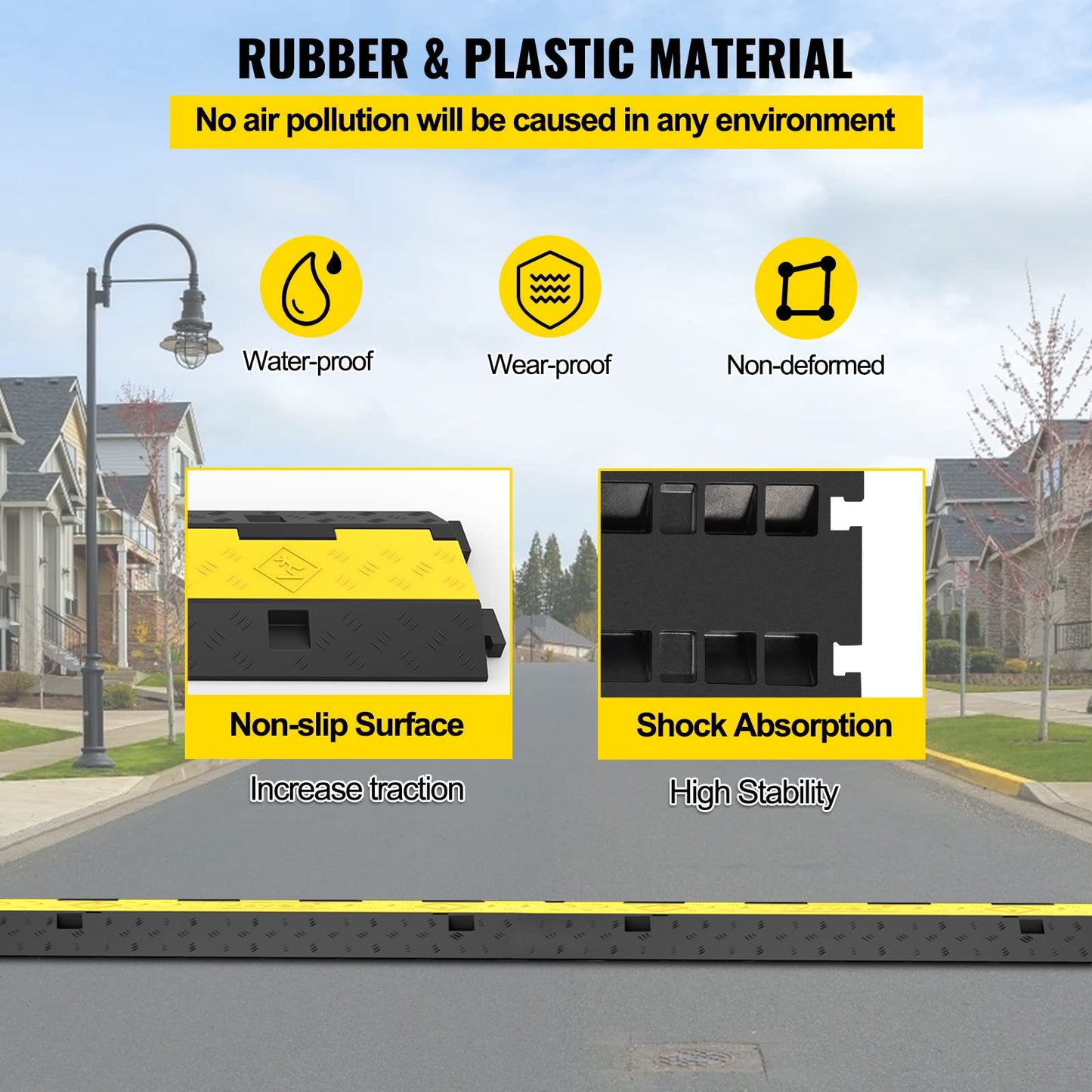VEVOR Kabelschutzmatte 3 Stück 2 Kanal, 101 x 25 x 5 cm Überfahrschutz für Kabel, Kabelbrücke aus Handelsüblichem Thermoplastischem Gummi mit Modularem Design für Parkplätze, Lagerhäuser, Schwarz