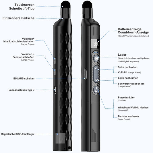 Elegamefy Schreiben Presenter, Präsentationsfernbedienung mit Zeigestab Ausziehbar, Leistung anzeigen, Wiederaufladbarer USB-C Presenter, 3 Stufen Rotlicht-Laserpointer