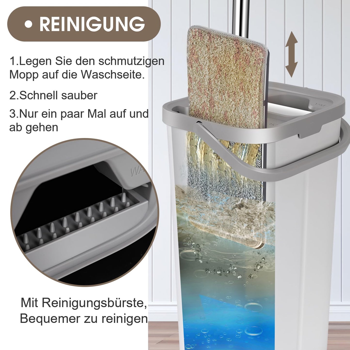 Wischmopp Set mit Eimer, MASTERTOP Bodenwischer Set mit Verstellbarer Griff und 10 Mikrofaser Wischpads, 2 in 1 Putzeimer and Wischmopp Set, Wischer mit Auswringfunktion für All Boden-Weiß