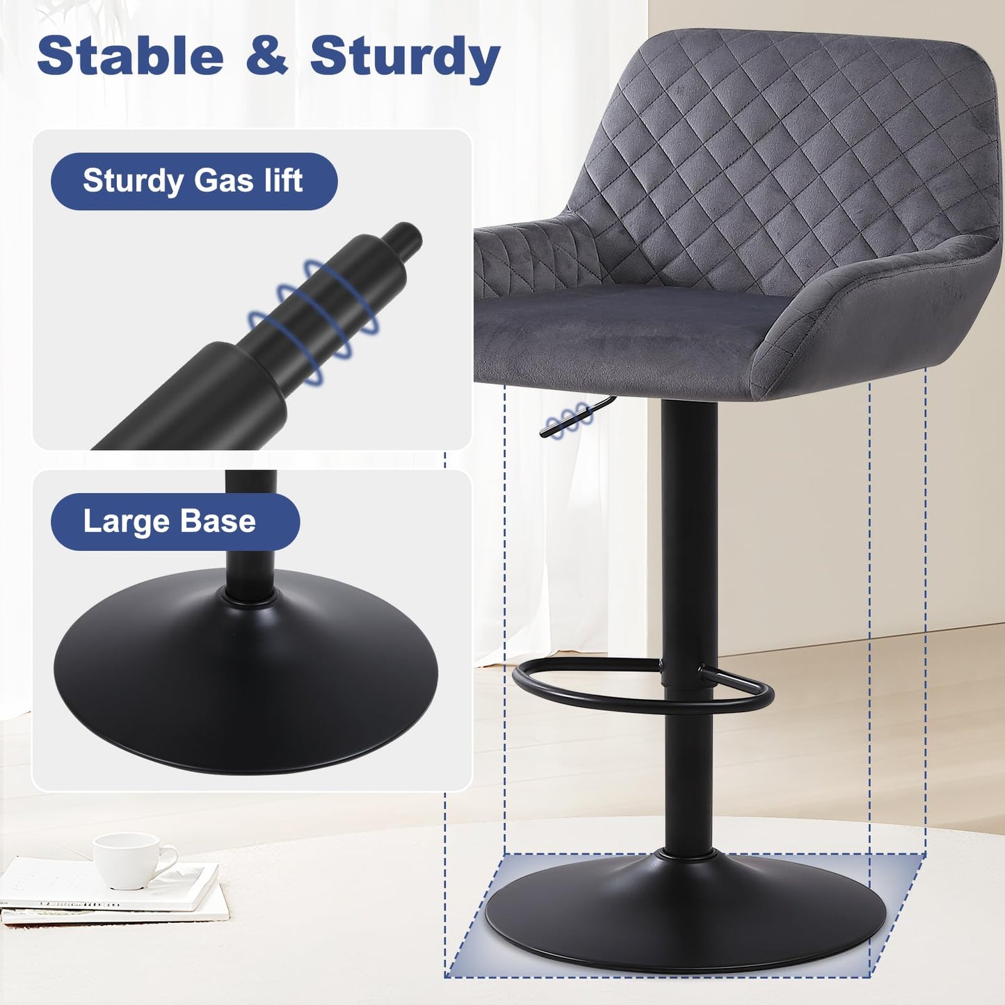 ralex-chair Barhocker 2er Set, Höhenverstellbare Drehbare Barhocker aus Samtstoff, Frühstücks-Esshocker mit Rückenlehne und Armlehne für Bar, Theke und Küche, Grau