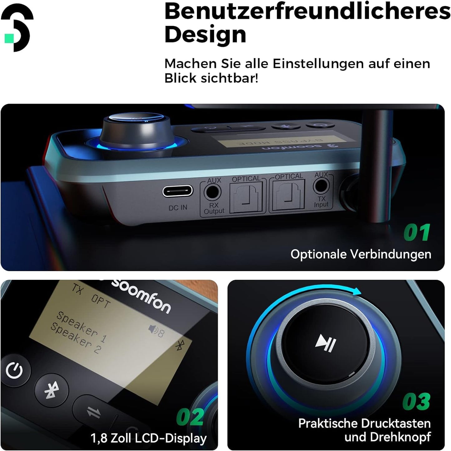 3-in-1 Bluetooth 5.0 Sender Empfänger für 2 Kopfhörer, SOOMFON Bluetooth Adapter Audio für TV PC Stereoanlage, Low Latency Bluetooth Transmitter Empfänger mit Lautstärkeregelung, Aux/RCA/Optisch