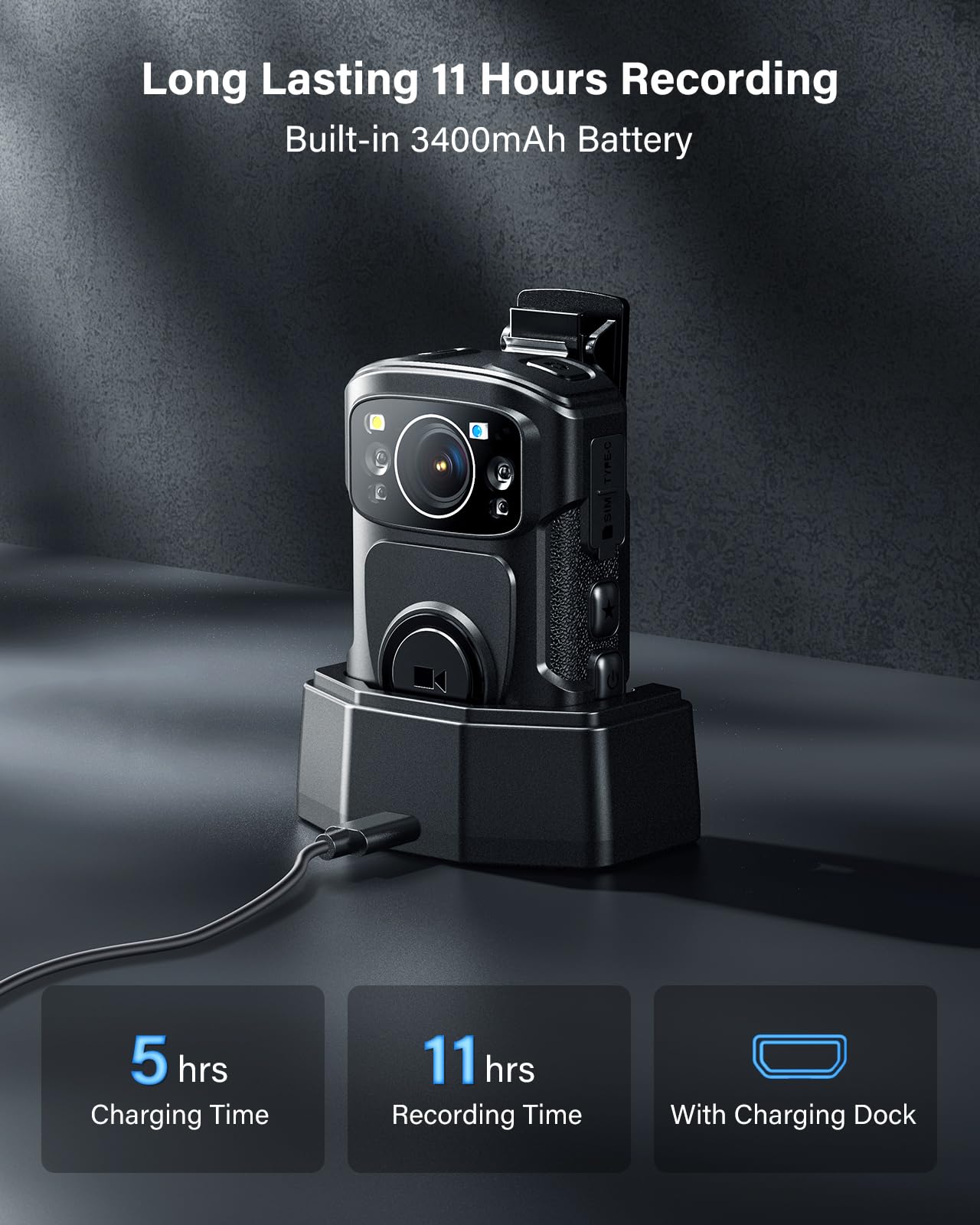 BOBLOV B4K5 4K Body Worn Camera Body Camera with Large 3400mAh for 11Hrs Video Recording, Inter 128GB Camcorder with Night Vision, Charging Dock, for Walking, Traveling, Police Strafverfolgung