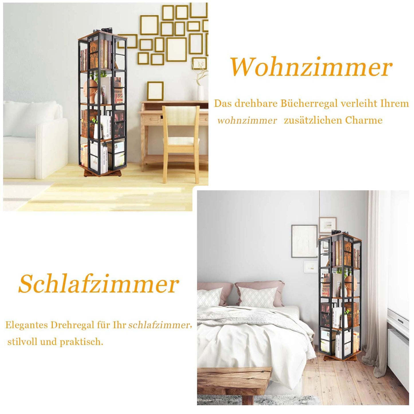 Nivadeui Drehbares Bücherregal 5 Etagen Schwarz, 360° Drehbarer Holzregal, Freistehendes Standregal für Wohnzimmer und Schlafzimmer