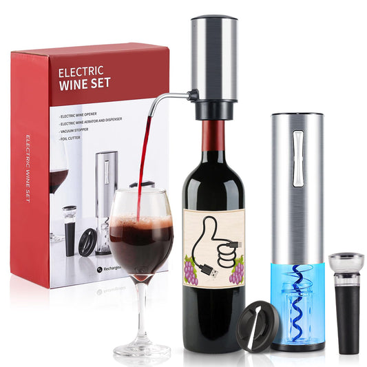 ZOYIDOUX Elektrischer weinbelüfter Set 4-in-1 Weinset mit Wiederaufladbarem Weinöffner, Wiederaufladbarem Weinbelüfter, Folienschneider und Vakuum Weinstopfen, Geschenkset für Weinliebhaber(Edelstahl)