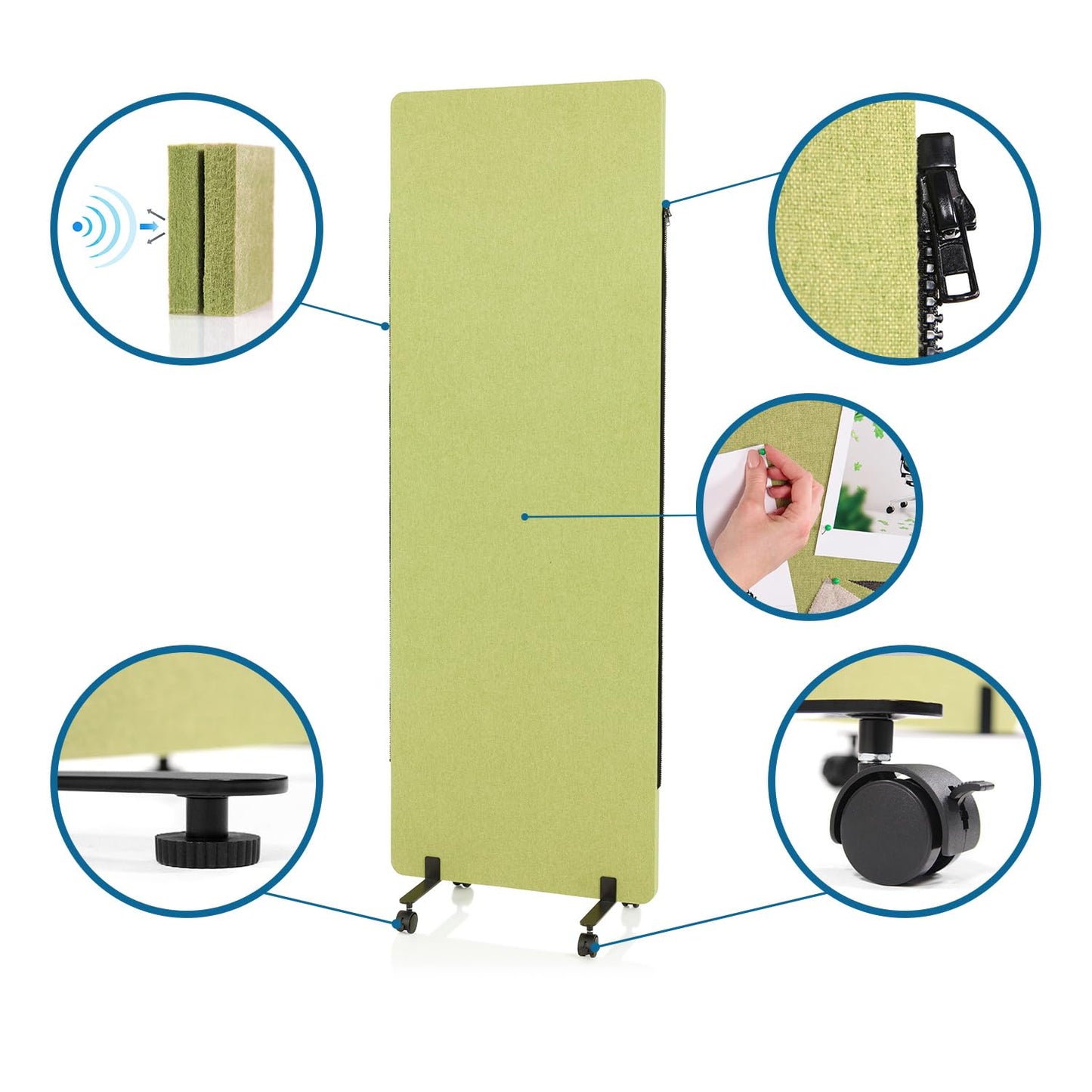 hjh OFFICE Mobile Akustik Trennwand einzeln 177 x 60 cm FLEXMIUT Stoff Grün Raumteiler Mittelpanel mit Rollen & Gleiter 891005