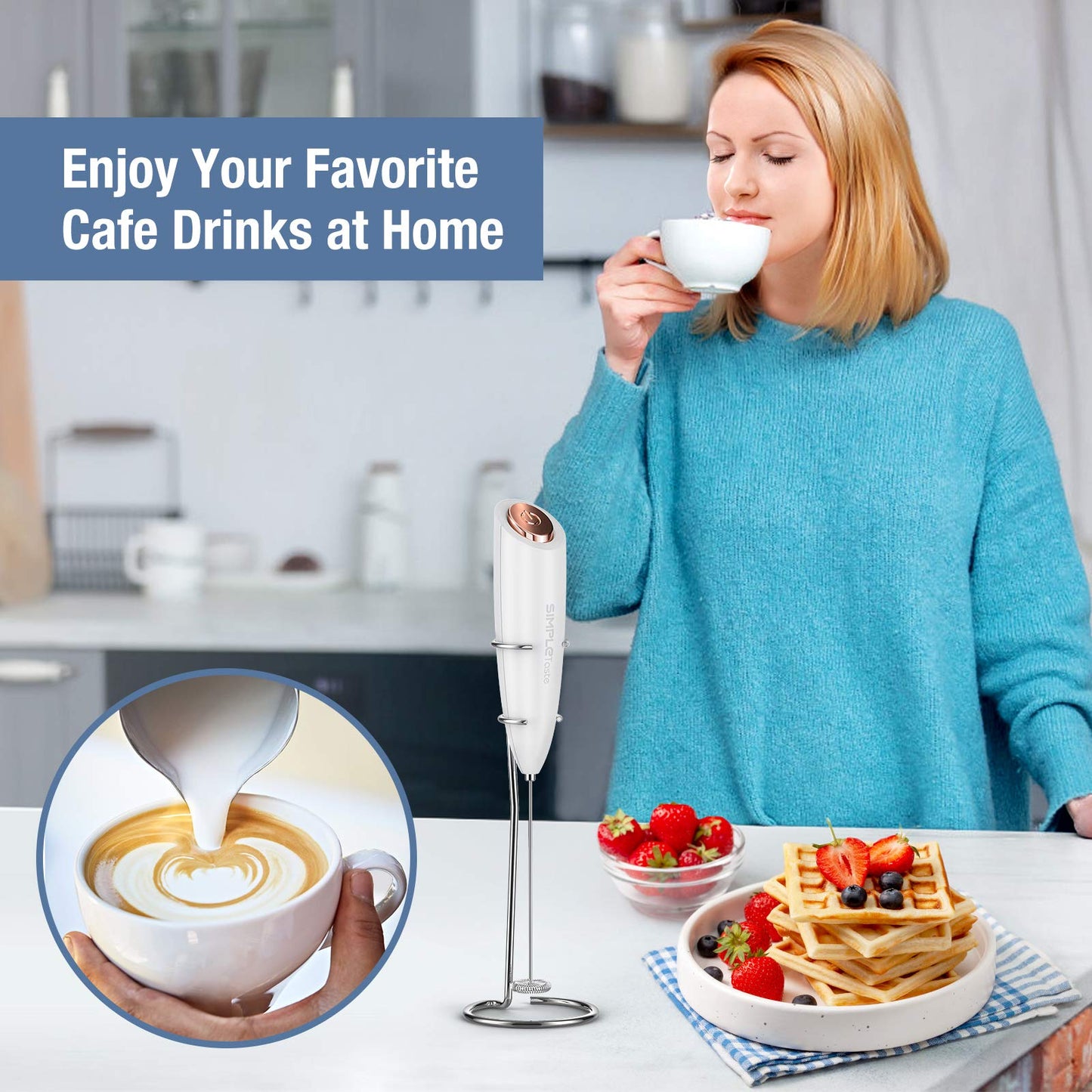 SIMPLETASTE Milchaufschäumer Handheld Batteriebetriebener Elektrischer Schaumbereiter, Getränkemixer mit Edelstahl-Schneebesen und Ständer für Cappuccino, Kugelsicherer Kaffee, Latte