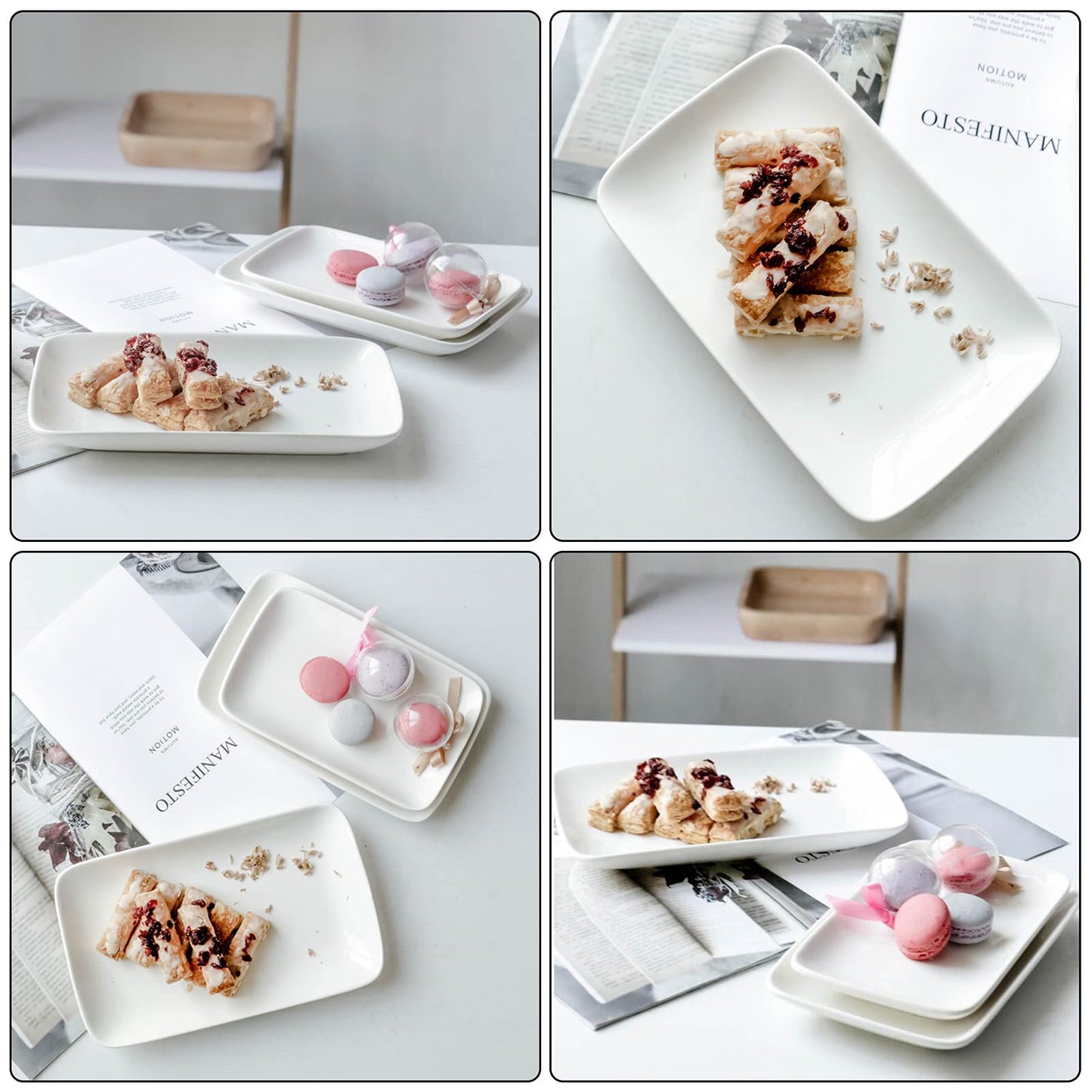 Foraineam Set mit 8 Stück Rechteckige Porzellanteller 8inch Servierplatte Porzellanplatten für Dessert, Vorspeisen, Salatteller, Weiße Serviertabletts, 20x12x2.5 cm