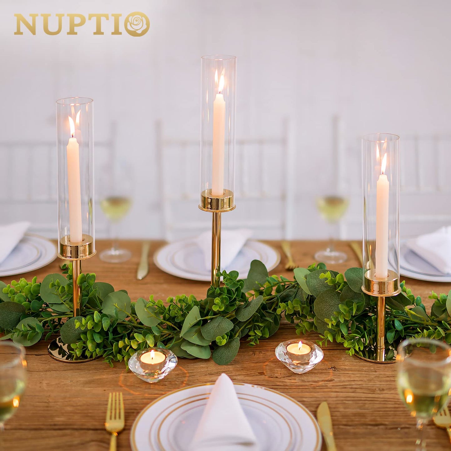 Nuptio Glaszylinder Kerzenständer Metall Gold - 18 Stücke Kegel Kerzenhalter Stabkerze Pack ür Kerzen, Klarglas Hurricane Schatten Spitze Kerzen Modern Hochzeit Weihnachten Tisch Abendessen Kamin