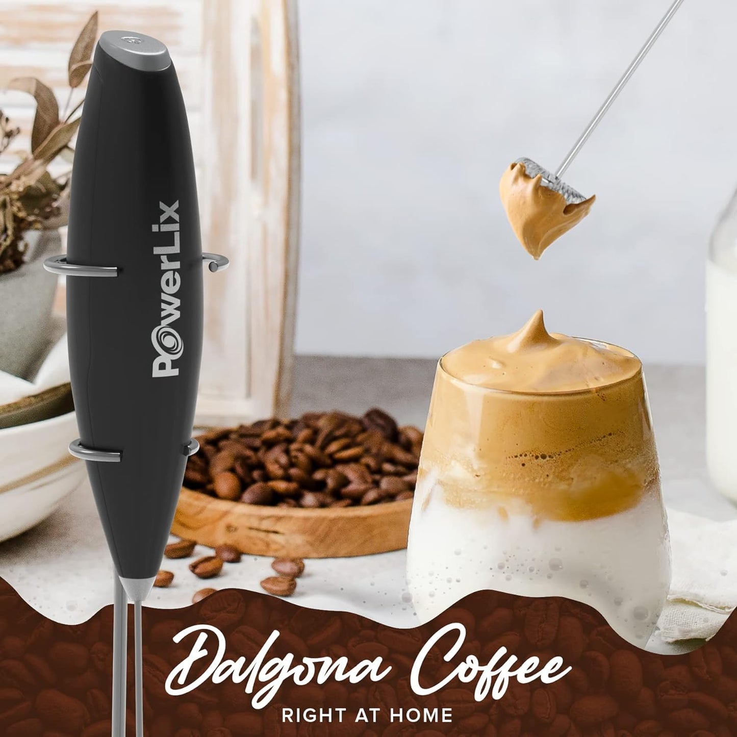 PowerLix Milchaufschäumer Stab, Milchschäumer Elektrisch - mit Edelstahlständer 15-20s, 19000 U/min, Batteriebetriebener Milk Frother für Kaffee, Latte, Cappuccino, Heiß & Kalte Schokolade