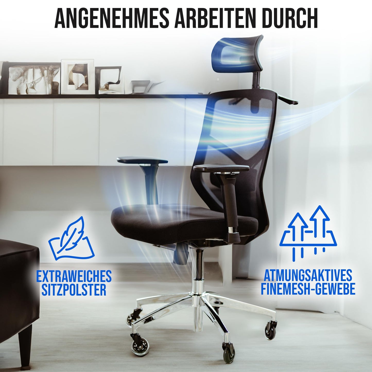 ELITESEATS Bürostuhl Ergonomisch Zertifiziert Schreibtischstuhl 4D Armlehnen | Büro Stuhl [Leise, Kratzerfreie Rollen] Home Office Chair 2D Lordosenstütze Ergonomischer Computerstuhl, Drehstuhl 150kg