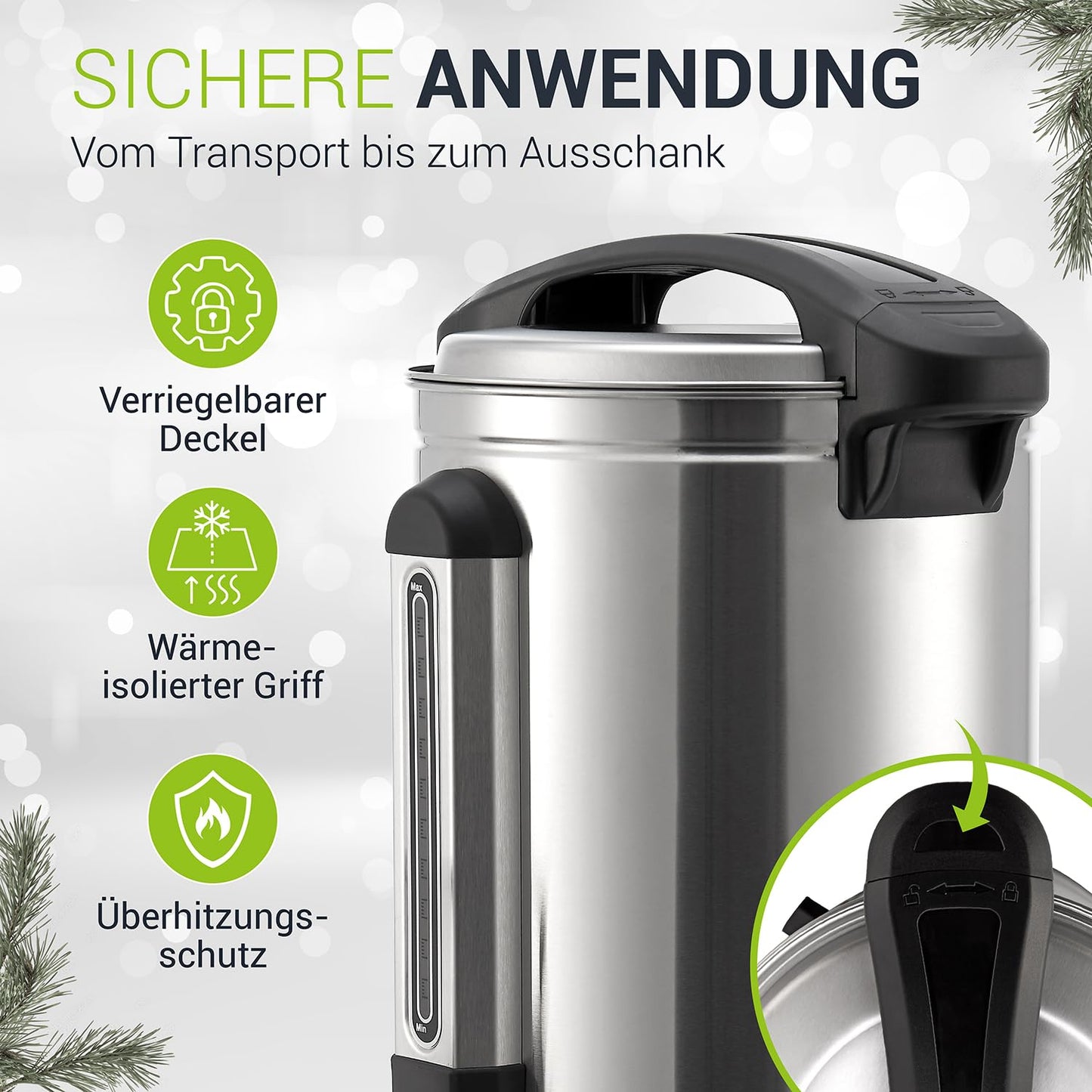 Juskys Teramo Glühweinkocher 10L, Edelstahl, 1500W, mit Zapfhahn, Thermostat 30-110°C, Heißgetränkespender für Glühwein und Punsch