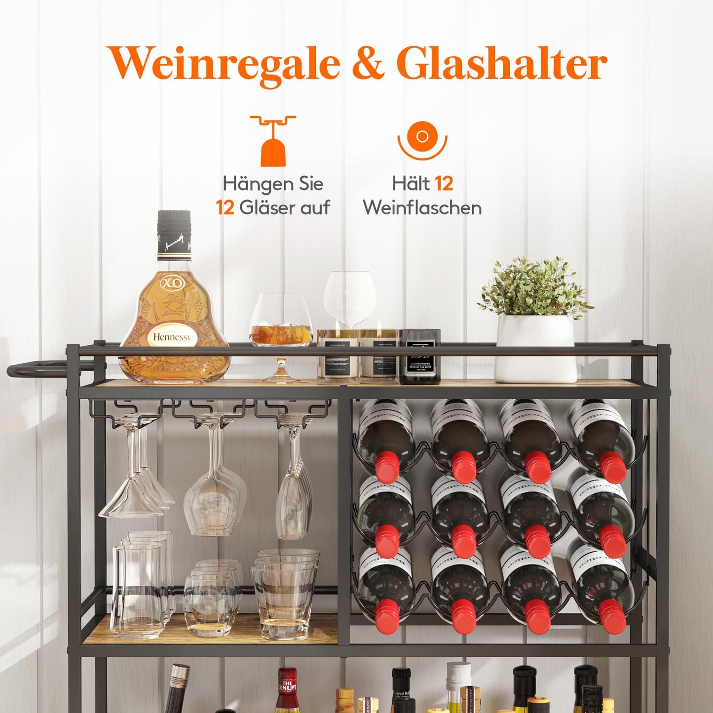 Lifewit Servierwagen, Barwagen mit 3 Ebenen und feststellbaren Rädern, 12 Weinfächern und 3 Reihen Glashalter, Küchenwagen,Cocktailwagen für Esszimmer Wohnzimmer, 80,2 x 33,2 x 86 cm, Braun-Rustikal