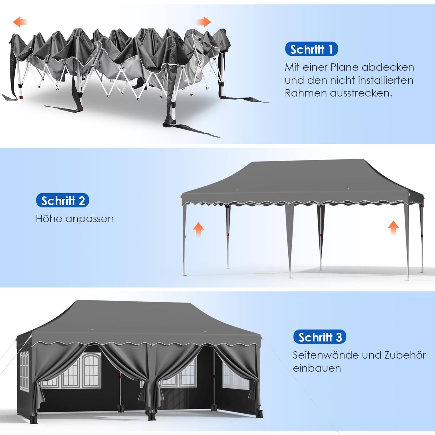 Faltpavillon 3x6 Pavillon Wasserdicht Stabil, Faltbar Gartenzelt 3x6 mit 6 Seitenwänden,UV Schutz 50+ Partyzelt con 12 Erdhaken 6 Seile und 6 Sandsäcke,Gartenpavillon für Markt,Hochzeiten,Freien, Grau