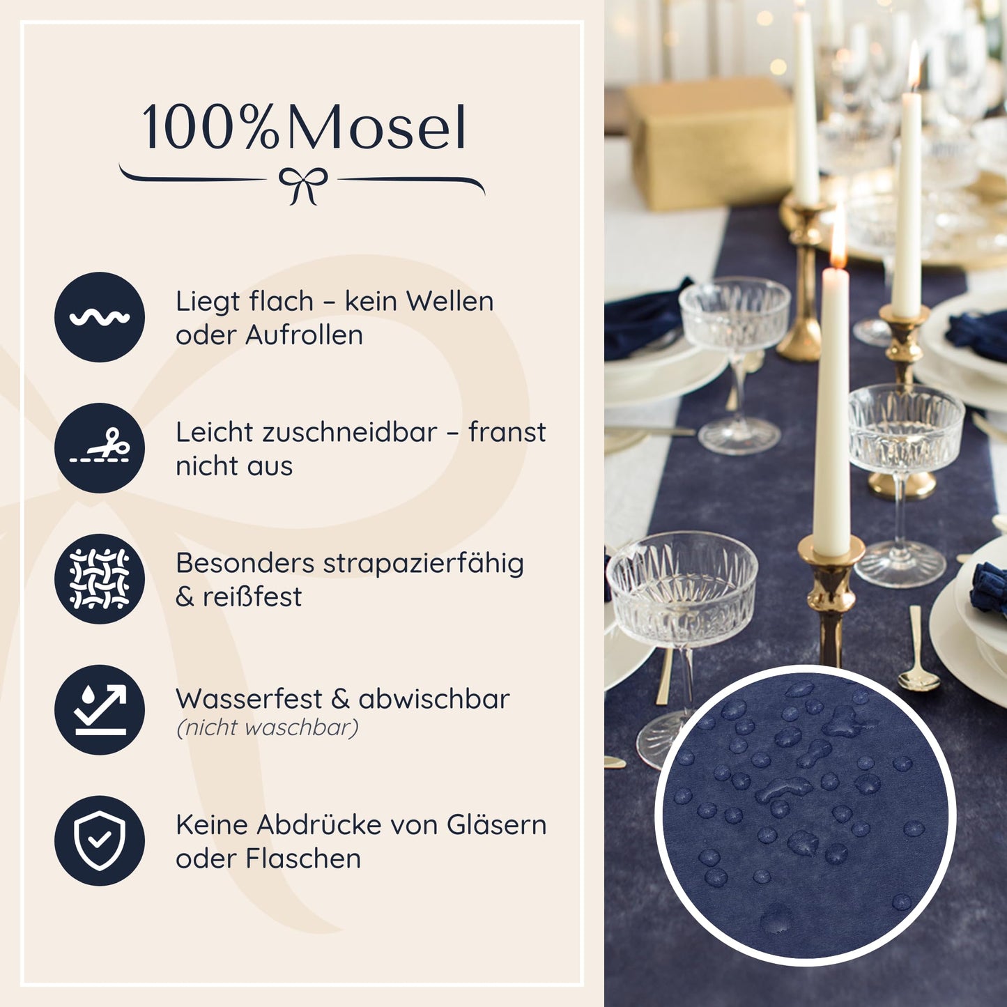 100%Mosel Vlies Tischläufer, in Nachtblau (30 cm x 25 m), dekoratives Tischband, edle Tischdeko für Geburtstage & Hochzeiten, Bunte Dekoration zu besonderen Anlässen