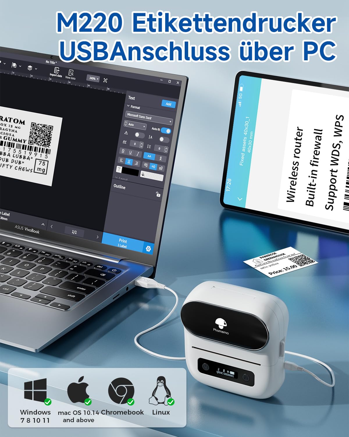 Phomemo M220 Etikettendrucker Bluetooth, Tragbarer Etikettiergerät,Labeldrucker für Zuhause, Büro und kleine Unternehmen,Unterstützung mit Phones&PC, Mit 3 Rollen Etiketten